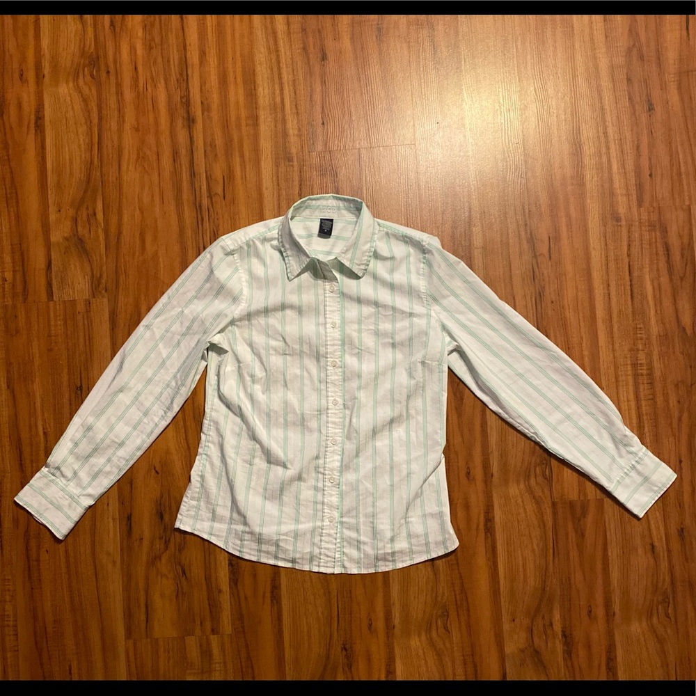 IZOD Ladies Button Up Shirt w/ Vertical Mint Green Stripes and Pleated Waist
